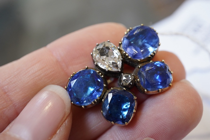 An attractive Georgian sapphire and diamond brooch, early 19th century and later